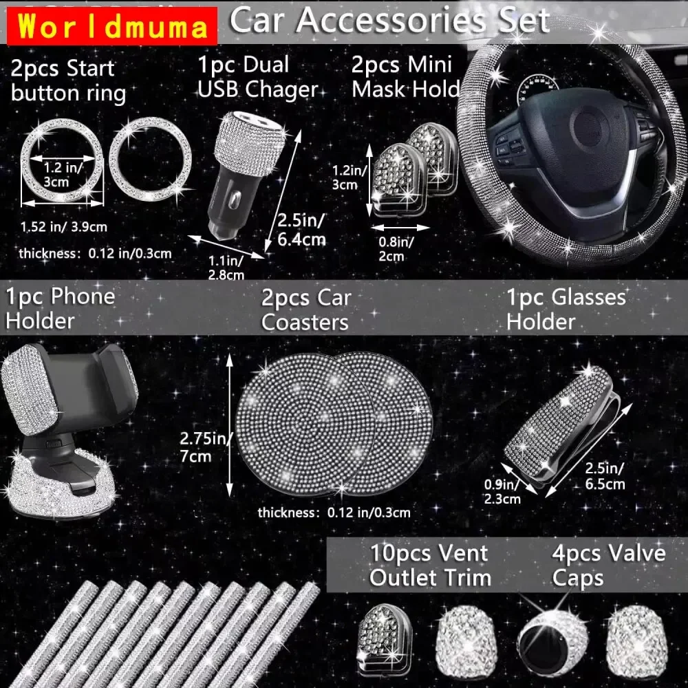 

Car Accessories Set 27/4Piece Women Bling Universal Fit Polyester Steering Cover Shiny License Frame Phone Holder Coasters Tools