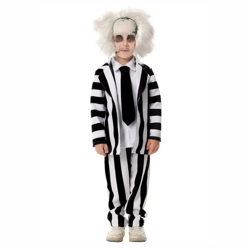 Anime Cosplay Beetle Juicee boys Black and White Striped Suit Scary Halloween Costumes Wig Tie Shirt for Cosplay Party