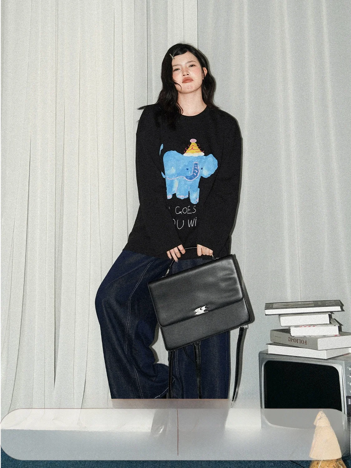 

Женская футболка свободного кроя с рисунком слона JINGU een Label Long Sve round Ne, удобный повседневный топ