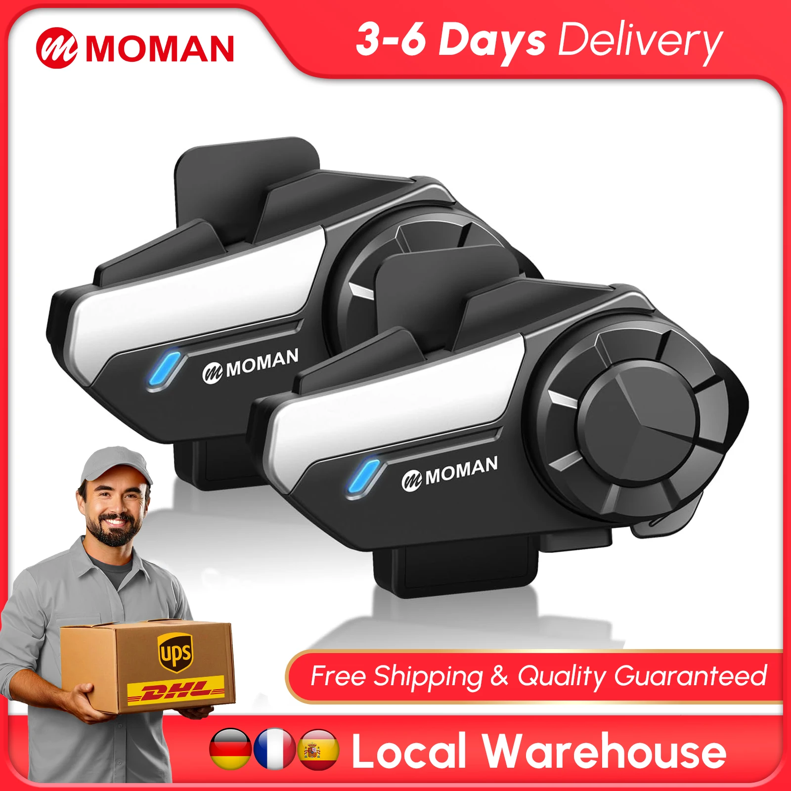 【EU Stock】Casque moto Moman H2S avec intercom, mixage audio dynamique 4 modes, communication sans fil jusqu'à 1 km, version originale