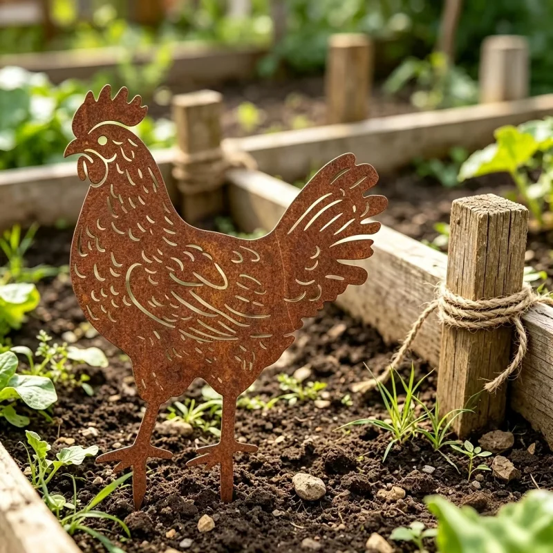 The metal hen design uses the mottled texture of rust to create a sense of time's passage，Artistic decorative ground insert