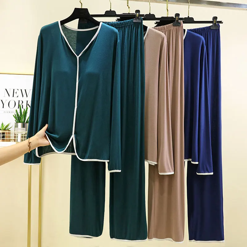 Modal Sleepwear with Chest Pad Women's Spring Autumn Thin Long Sleeve Long Pants Home Clothes Set V-neck Home Leisure Style