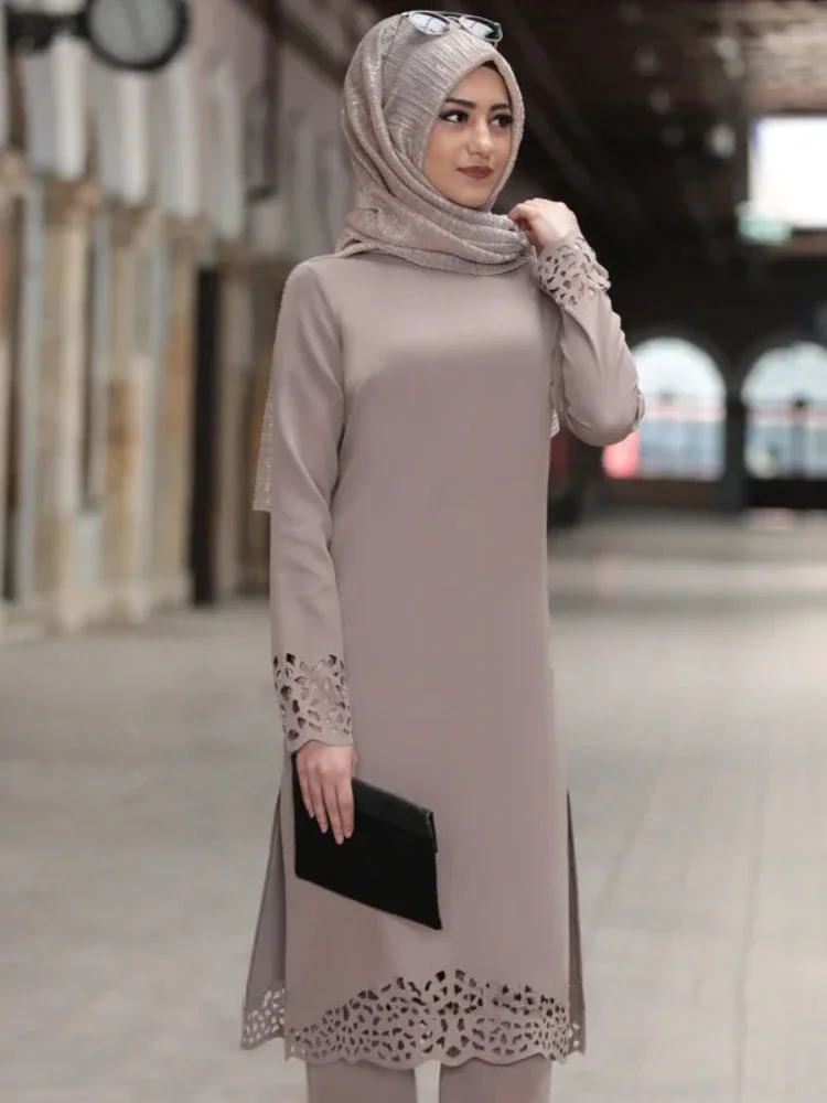 Turkey Muslim Dress Women Long Top Hollow Solid Islamic Clothing Hijab Dresses Moroccan Kaftan  Party Vestidos Abaya 2020