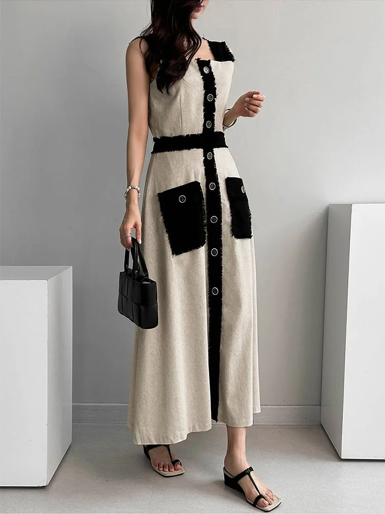 Elegant Patchwork Sleeveless Long Tank Shirt Dress Women Square Collar Flattering Fit A-line Midi Sundress Female 2024