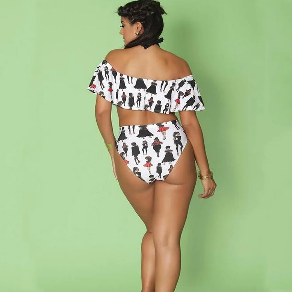 Bañador estampado con hombros descubiertos para mujer, traje de baño Sexy de talla grande, Monokini con volantes, novedad