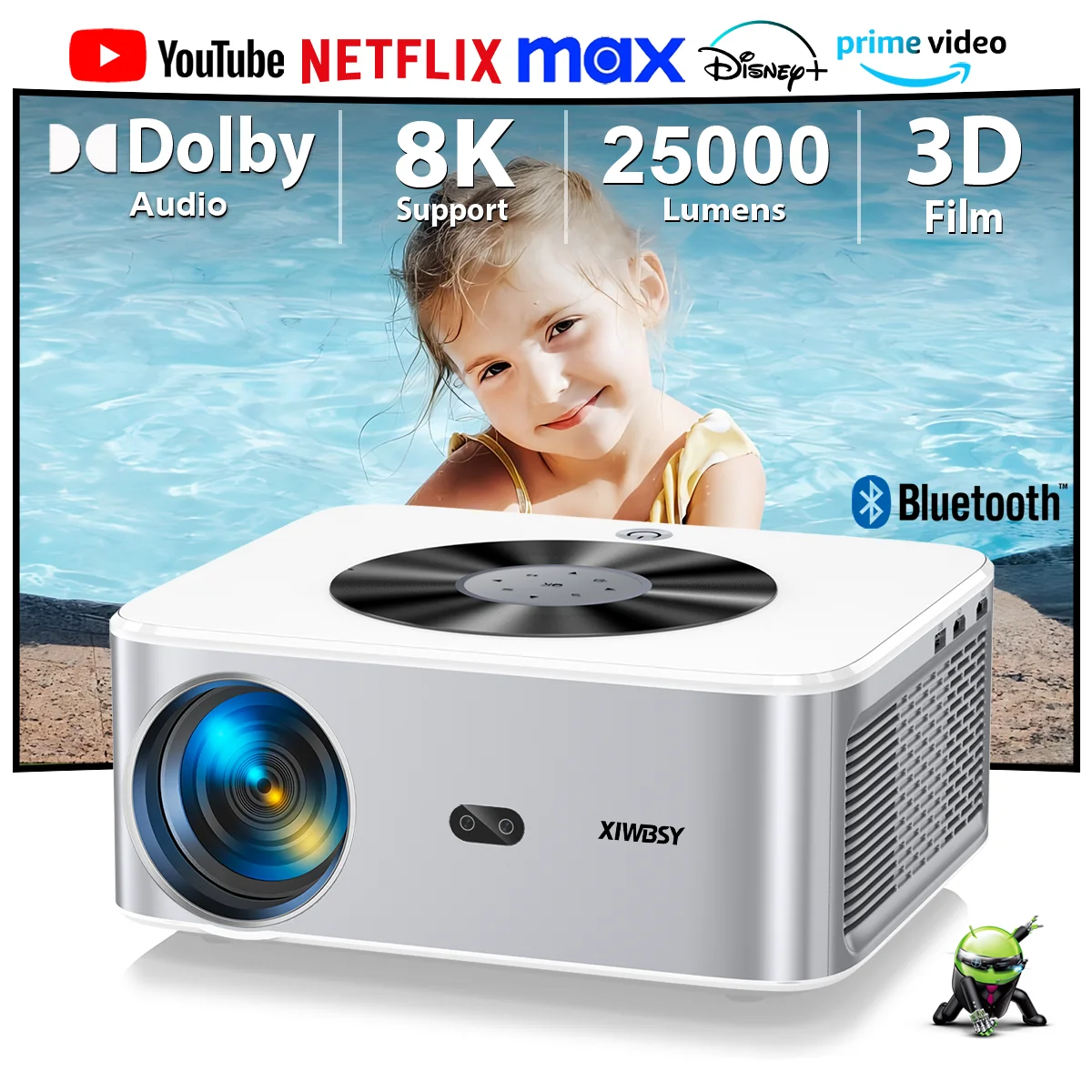 XIWBSY 800ANSI Outdoor Projector 25000 Lumens Auto Focus/Keystone Projector Wifi6 Dolby Video Home Theater Portable Proyector