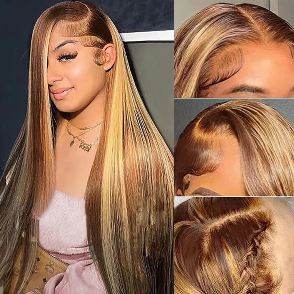 40 Inch Highlight Ombre Wig Straight Human Hair Wigs 220 Density Colored Blonde 46 40 Inch P4/27 Highlight 13x6 Hd Lace Frontal Wig Pre Plucked Blonde Straight Human Hair Wigs image 3
