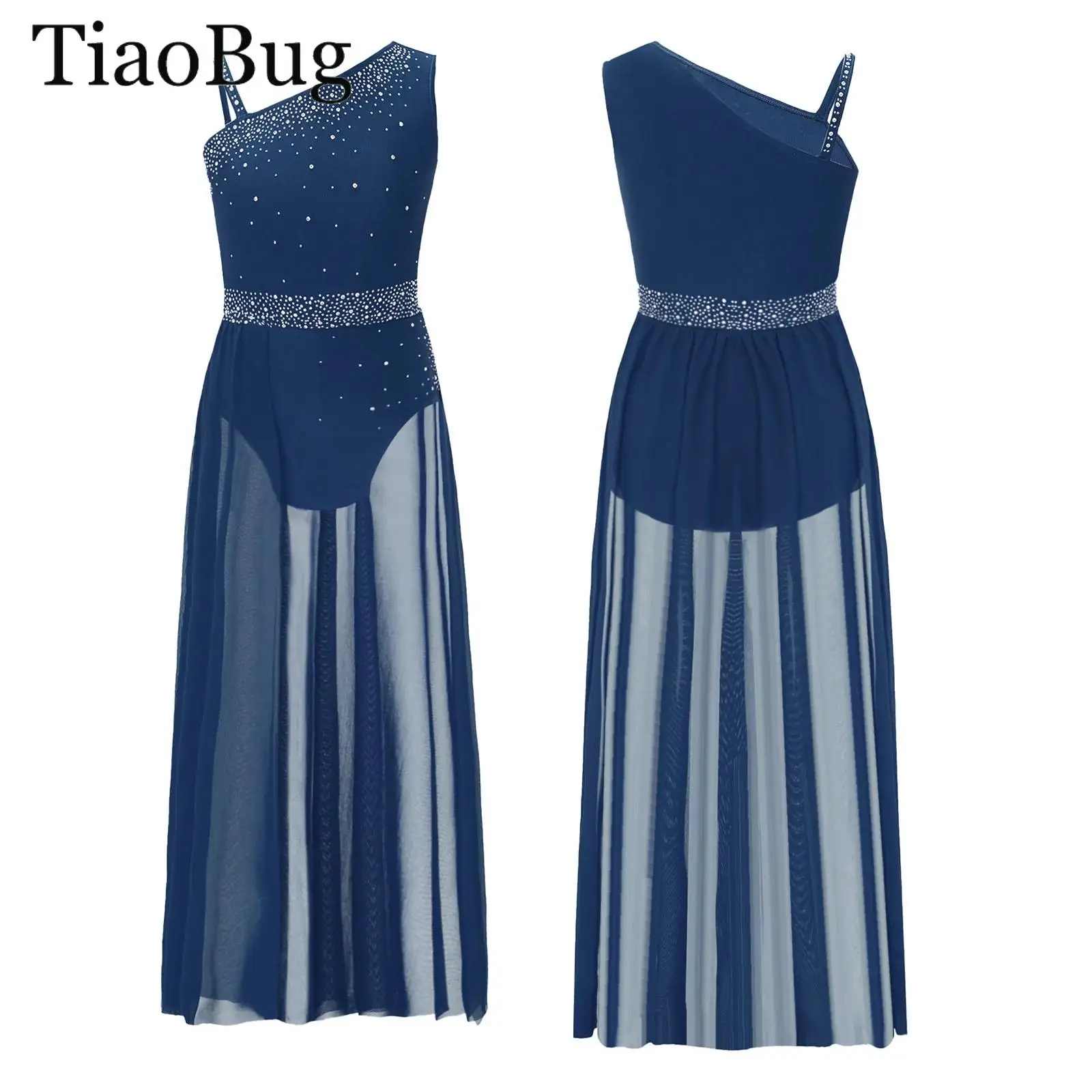 

Girls One Shoulder Contemporary Lyrical Dance Dress Rhinestone Split Sheer Mesh Ballet Gymnastic Skating Leotards Performance