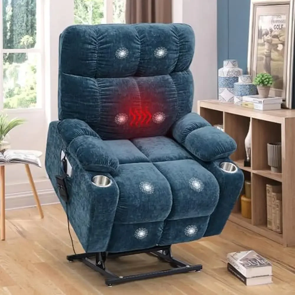 Electric Power Lift Recliner Chair Elderly Dual Motor 180 Deg Lay Flat Sleeper Sofa with Cup Holders and Lumbar Heating Velvet