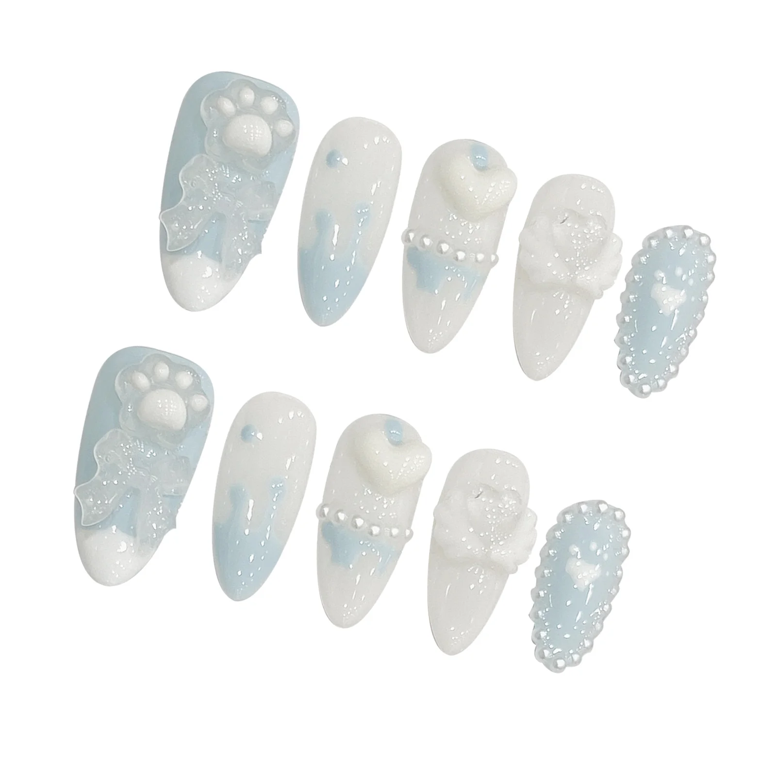 Sweet Blue Almond Fake Nails with 3D Heart Bowknot Design Press on Nails for Girl Lady Wearable 10pcs Handmade False Nail Tips