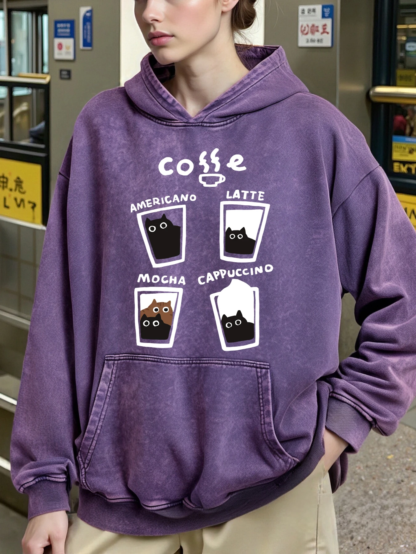 فنجان القهوة الأمريكية القطط الطباعة المرأة غسلها هوديس الهيب هوب كل مباراة هوديي الخريف الشتاء القطن هودي جيب ملابس رياضية #2