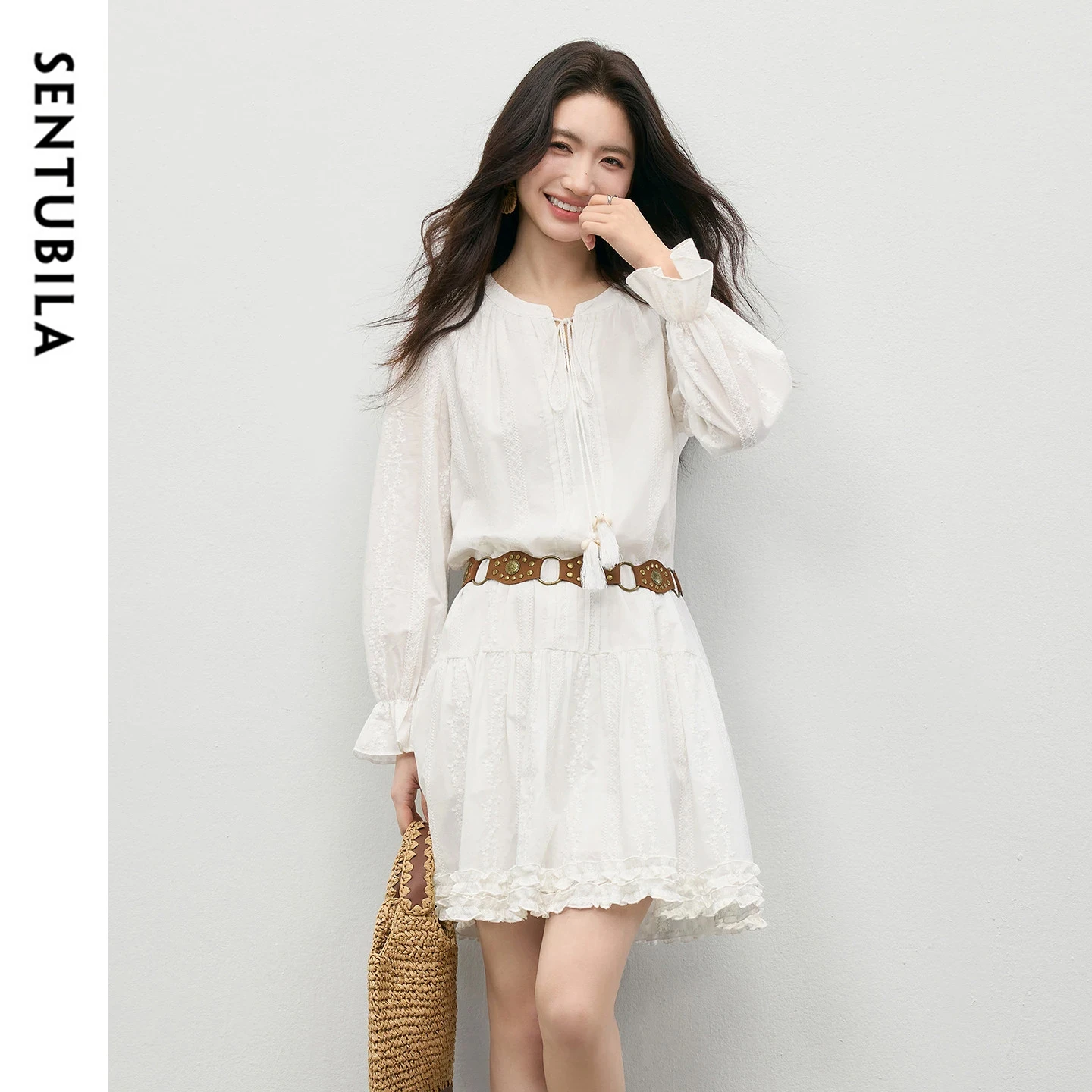 

SENTUBILA 100% Cotton White Dress for Women 2026 Detachable Sash Ruffles Hem Embroidery Dresses Elegant Female Clothes 161LB5940
