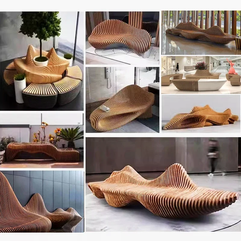 Creative anticorrosive wood leisure chair bench custom public landscape solid wood slice special-shaped bench beauty display out