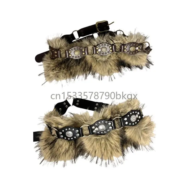 

Retro Cowgirl Waistband Studded Faux Furry Belt Adjustable Length Waist Girdle J78E