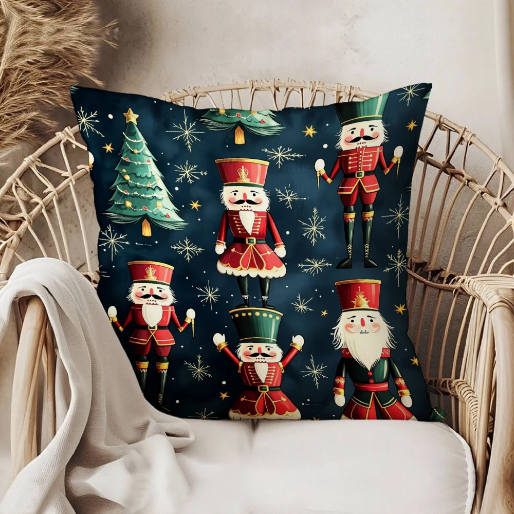 Square Throw Pillow Case Navy Blue Christmas Nutcracker Soldier And Tree Print For Home Sofa Bedroom Living Room Holiday Decorat