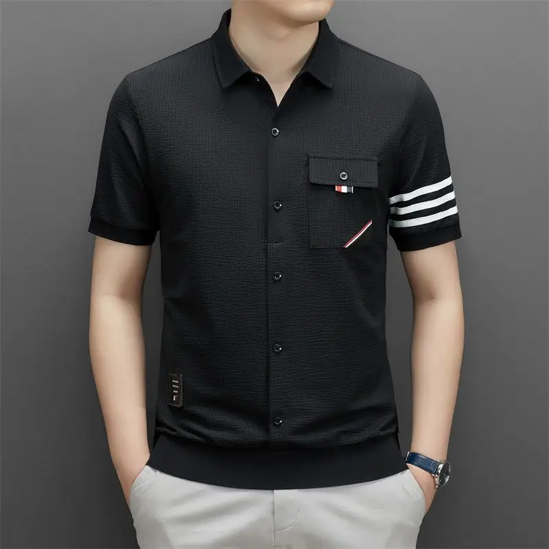 Summer Fashion Men Slim Striped Short Sleeve T-Shirt Lapel Button Cardigan Pockets Male Clothes Streetwear Casual Versatile Tops