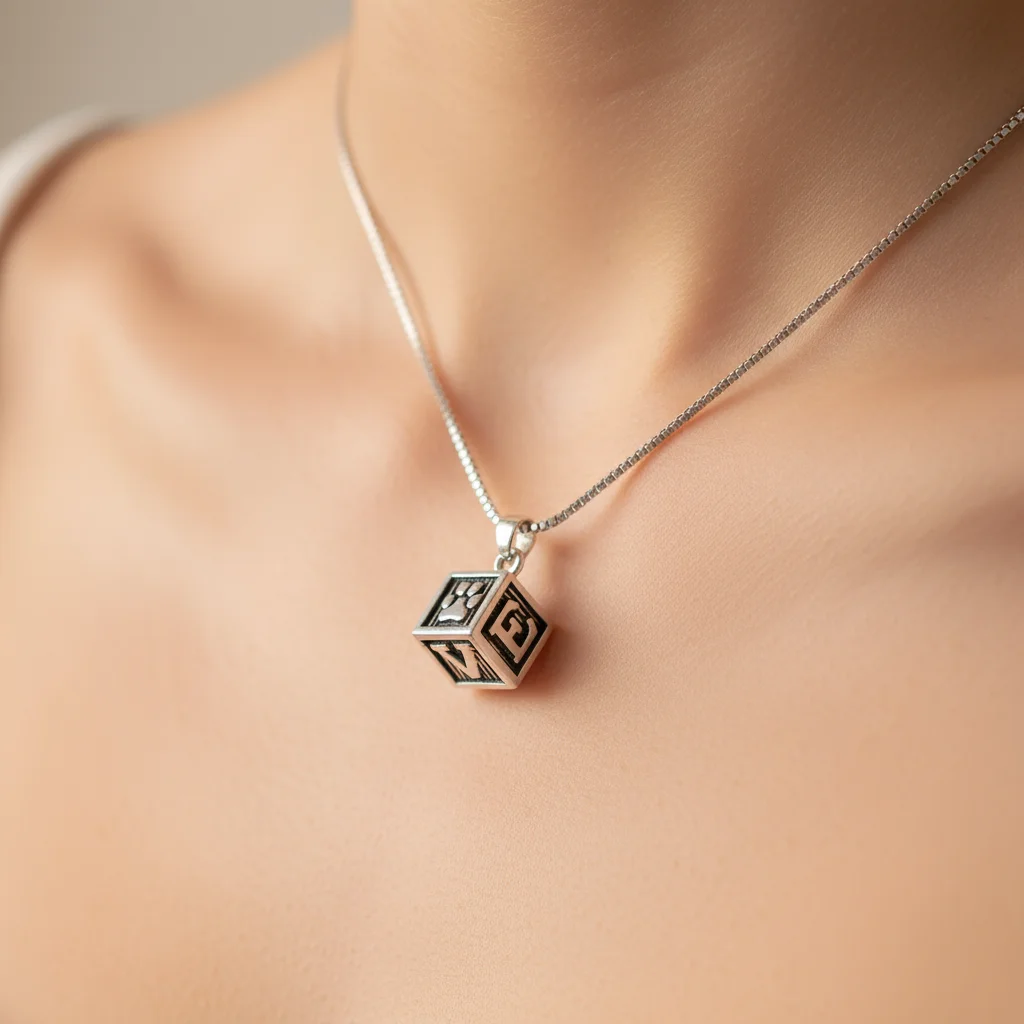 Vintage Distressed 3D Stereo Six-Sided LOVE U Paw Print Necklace Pet Memorial Letter Square Pendant box chain18 inches