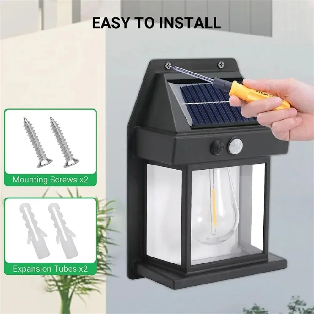 Luces solares de pared para exteriores, lámparas de seguridad con Sensor de movimiento inalámbrico, impermeables, de tungsteno, iluminación de atardecer al amanecer para jardín, 1 ud.