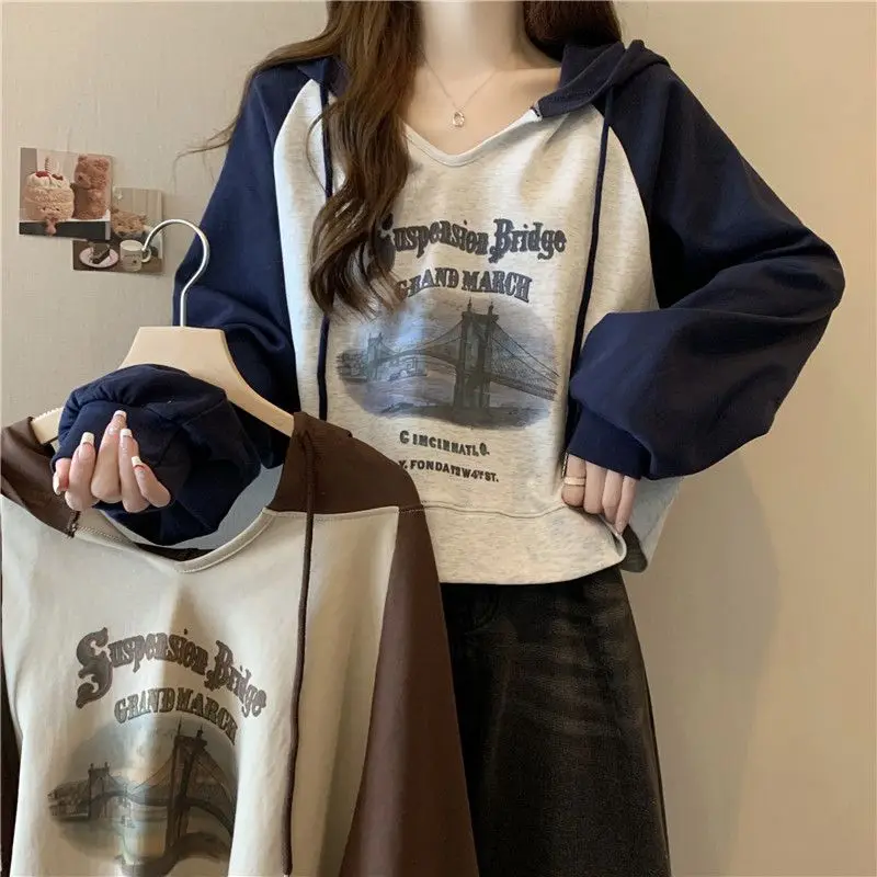 Gagaok America Retro Women Sweatshirts 2025 Spring New Printed Hooded Clothes Female Streetwear Casual Pullover Long Sleeve Top