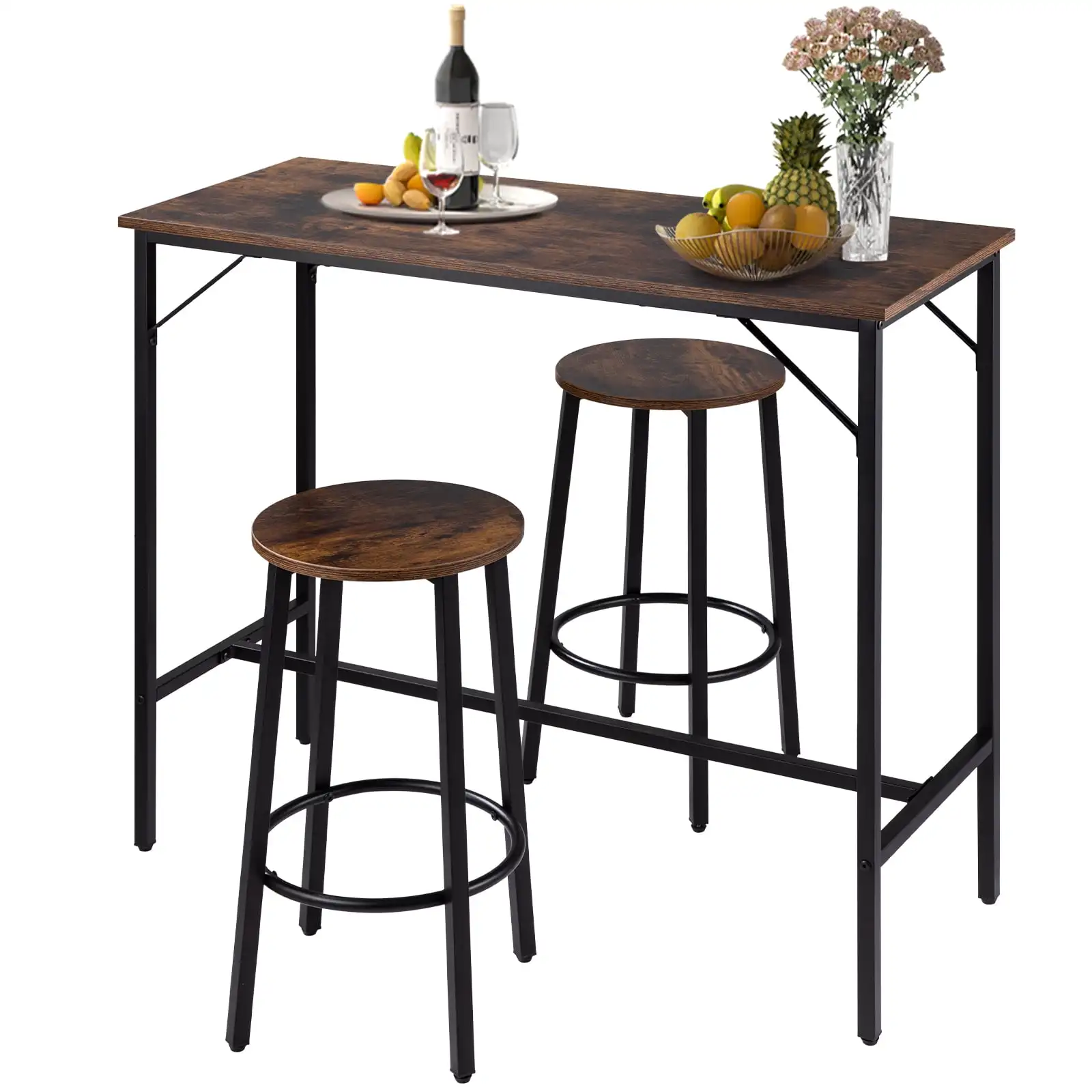 39" Bar Table and Chairs Set, Pub Table Set w/ 2 Stools, 3 Piece Iron Frame Counter Height Dining Sets, Rustic Brown