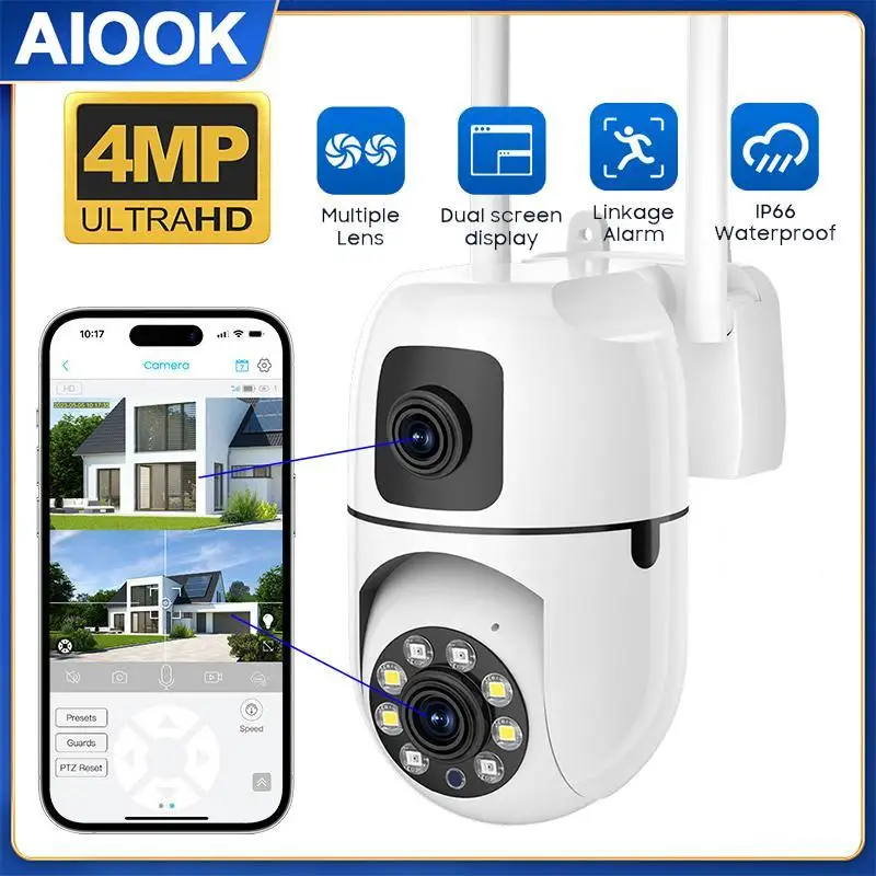 AIOOK WIFI Security Camera Outdoor Waterproof HD 4MP 2K Dual Lens Video Recorder Two-way Audio Intercom Night Vision IP CCTV