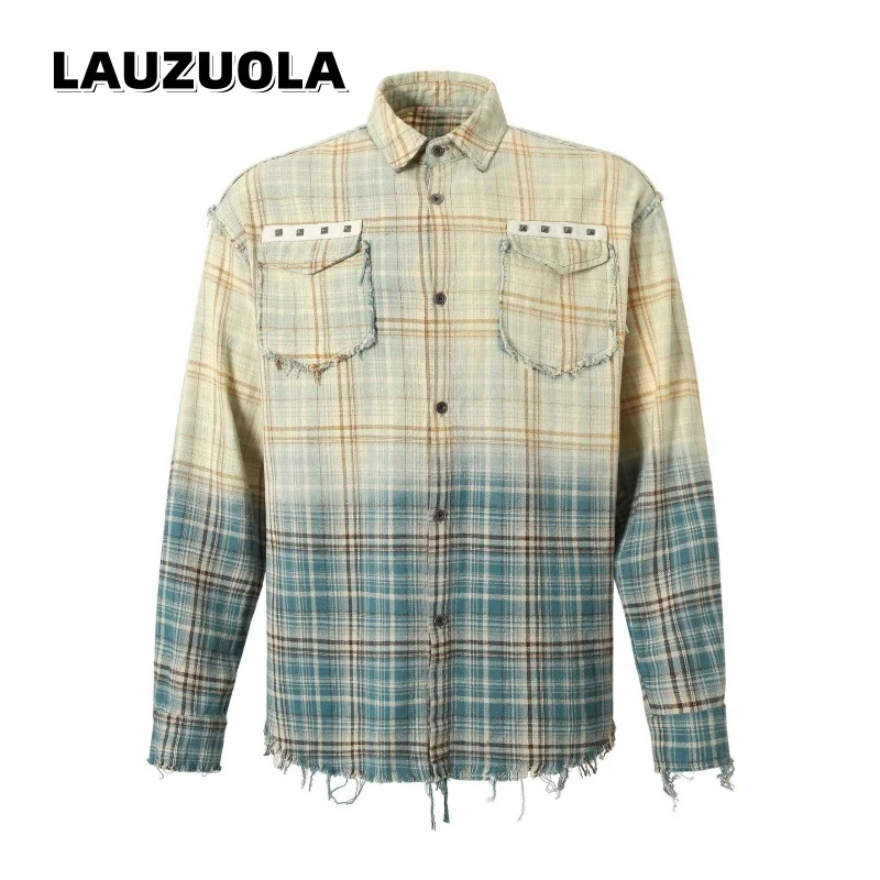 Men's Ombre Plaid Shirt Vintage Distressed Frayed Hem Long Sleeve Button Down Shirt Streetwear Punk Studded Casual Tops