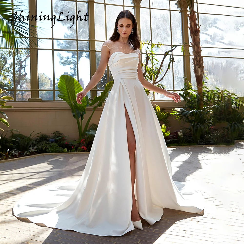 

Modest Stain Wedding Dress with High Side Slit Scoop Neck Cap Sleeve Elegant A Line Long Bridal Gown Civil Wedding Customized
