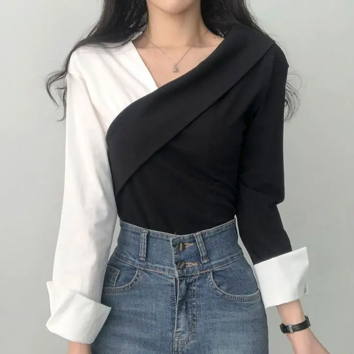 Korean Blouse Women Long Sleeve V Neck Shirt New Design Fashion Slim Office Tops 2024