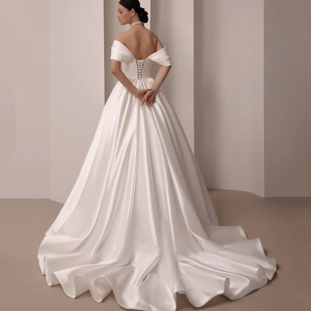Abiti da sposa eleganti senza spalline personalizzati con spalle scoperte Abiti da sposa classici Una linea di perle Abito da sposa con lacci Vestido De Novia