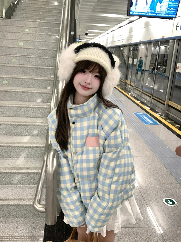 

Korean Sle Stand Collar Plaid Thiened Warm Bread Sle Coat Women's Winter New Sweet Sle Cotton Clothes Fem Outerwear