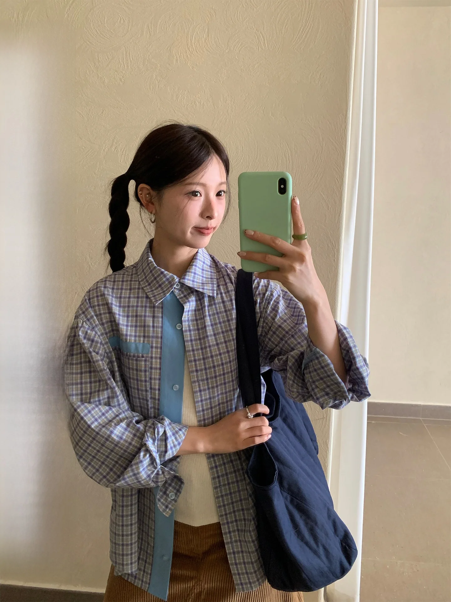 

CCKOK Early Spring Korean Style Women's Long Sleeve Shirt Pure Color Plaid Patchwork Loose Fit Cotton Business Casual Top