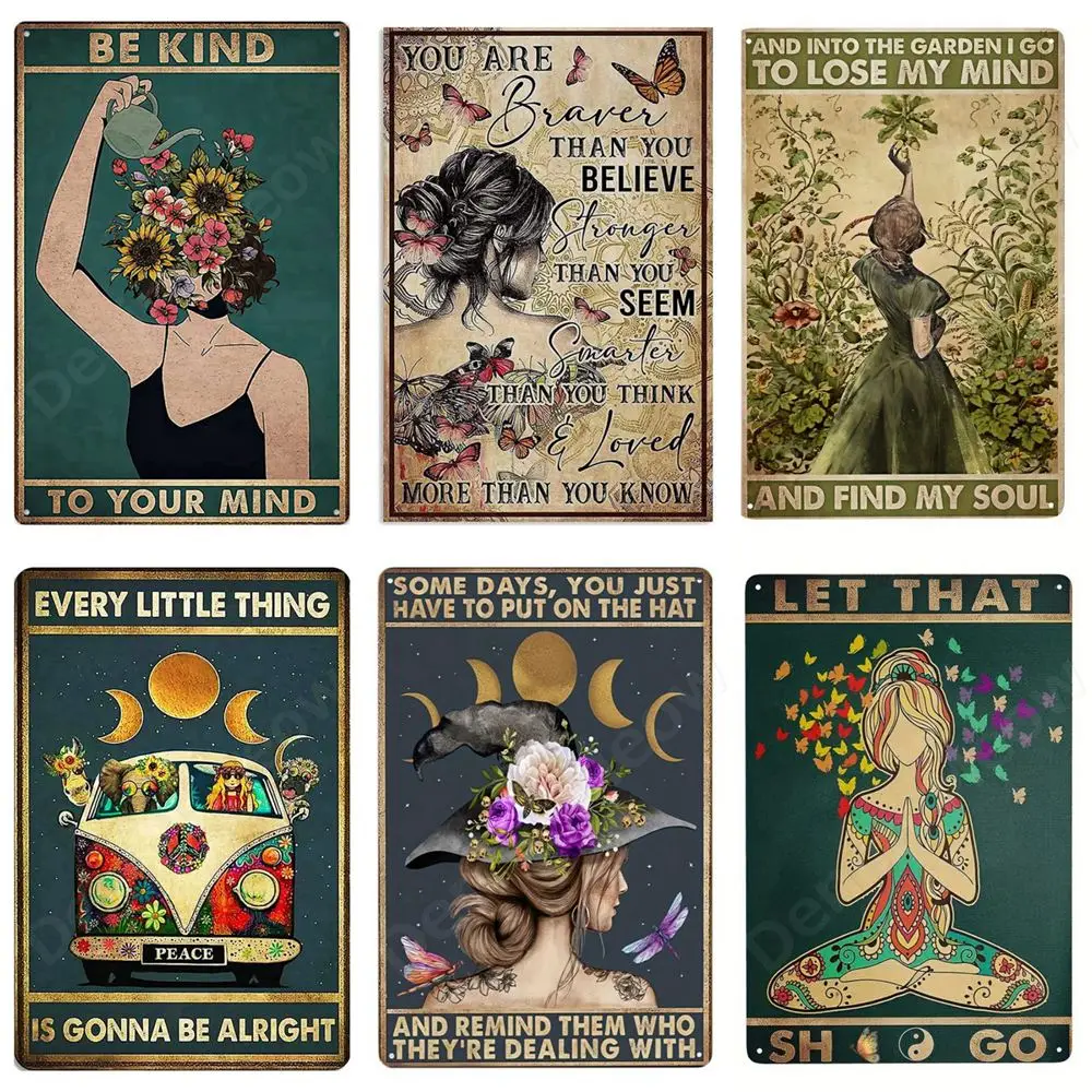 Inspirational Quotes Tin Signs, Retro Wall Art, Be Kind to Your Mind, Vintage Hippie Girl, Home Room, Garden Wall Decor Poster