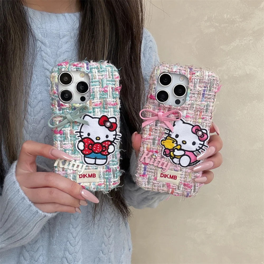 

Warm fluffy plush stylish plaid Hellokitty phone case suitable for iPhone 17 16 Pro Max 15 14 13 16 Funda cute protective cover