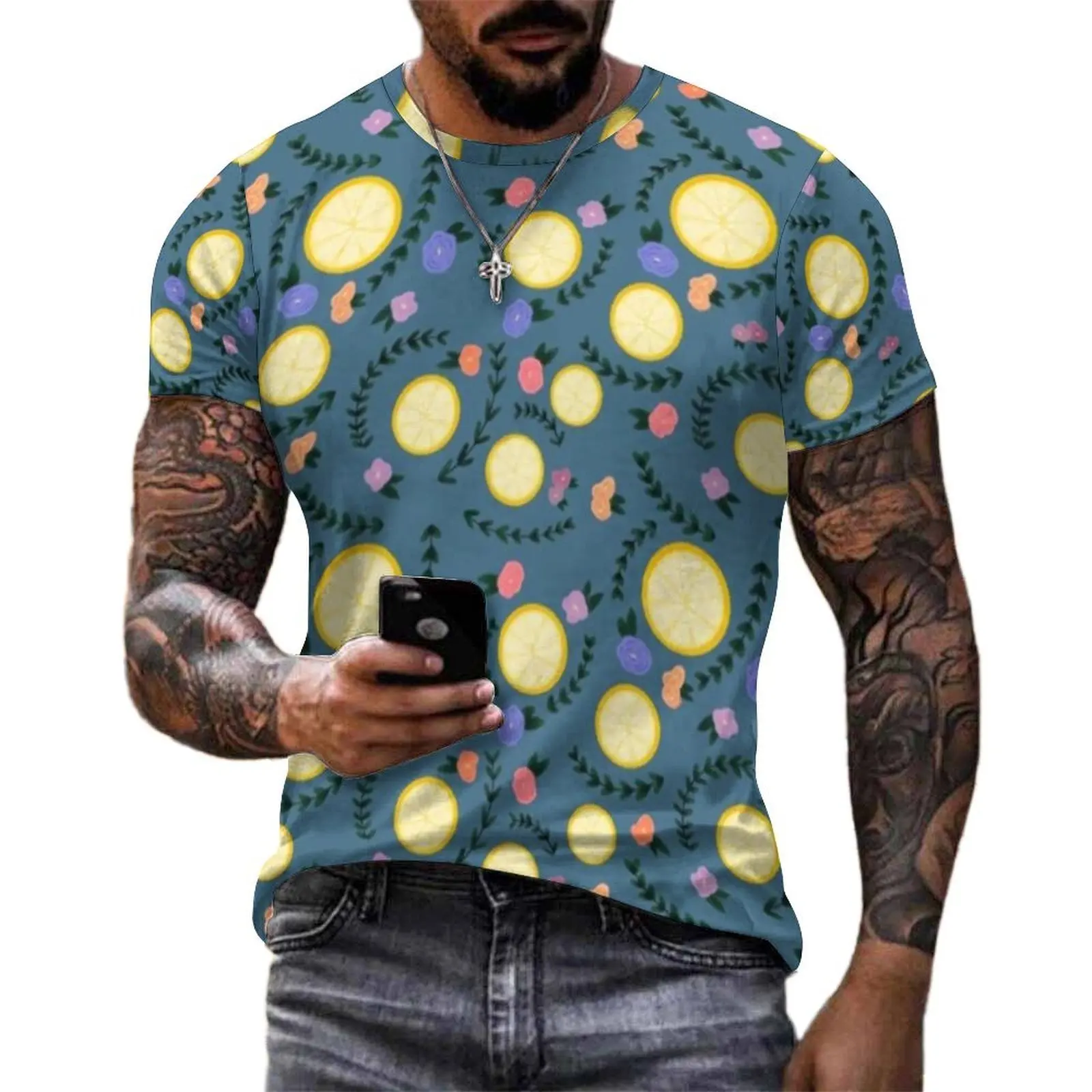 Yellow Lemon Slices T-Shirt Flower Print Cool T-Shirts Male Basic Tee Shirt Original Short-Sleeved Custom Clothing Large Size
