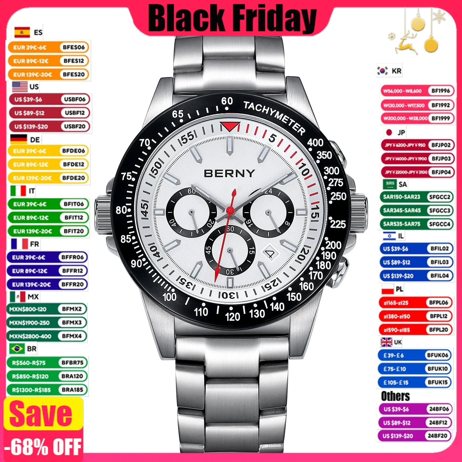 BERNY Chronograph Men Watch MIYOTA OS20 Multi-function Automatic Multi-time zone Sapphire Luminous 10ATM Sport Watch for Men