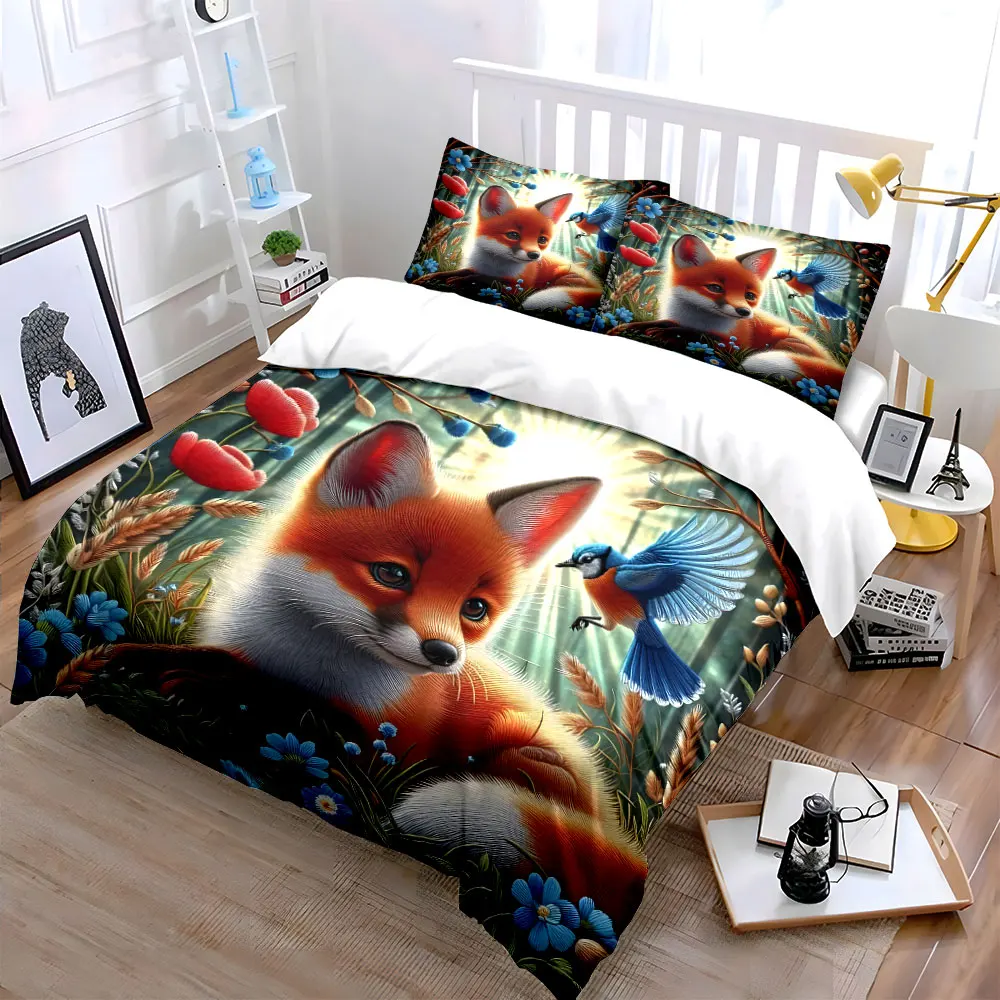 Bird and flowers in sunlit forest Pattern Duvet Cover Set Digital Print Colorful Polyester Bedding with Zipper Closur for gifts