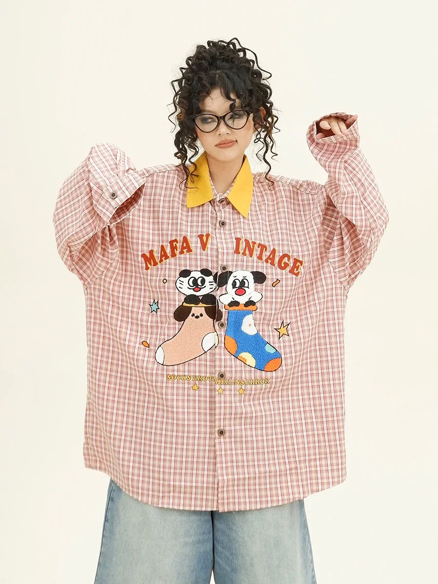 Towel Embroidered Cartoon Plaid Long-sleeved Shirts 2024 Autumn New Loose Bf American Trendy Top Women