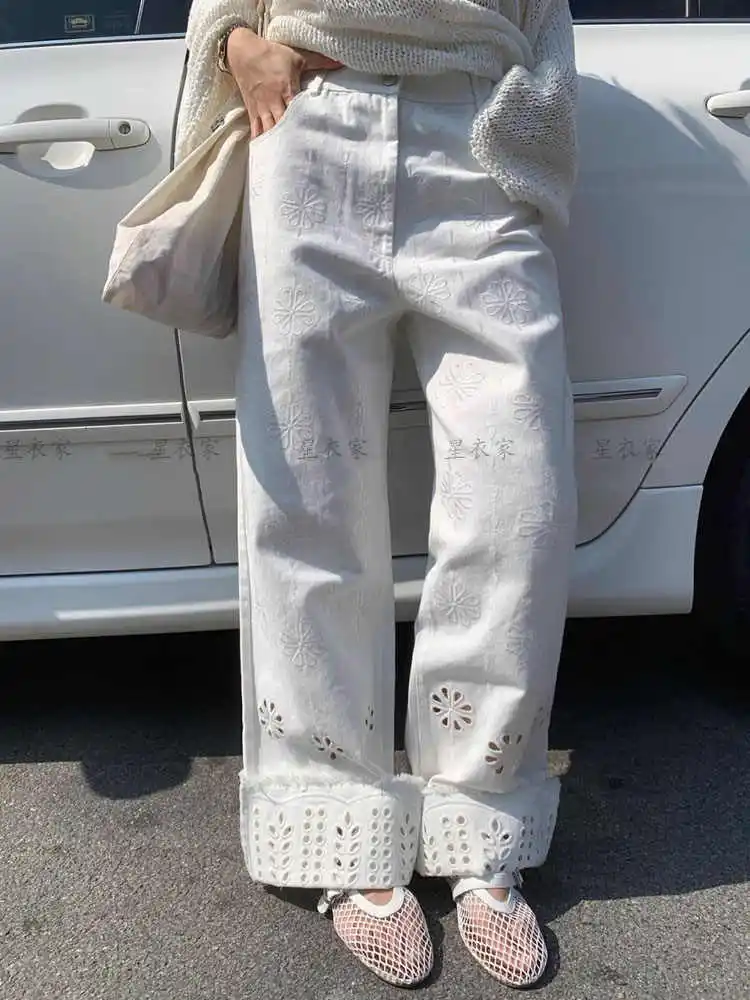 

Blue Womens Jeans High Waist Vintage Straight Y2K Summer Denim Pants Ripped Streetwear American Wide Leg Baggy Denim Trouser