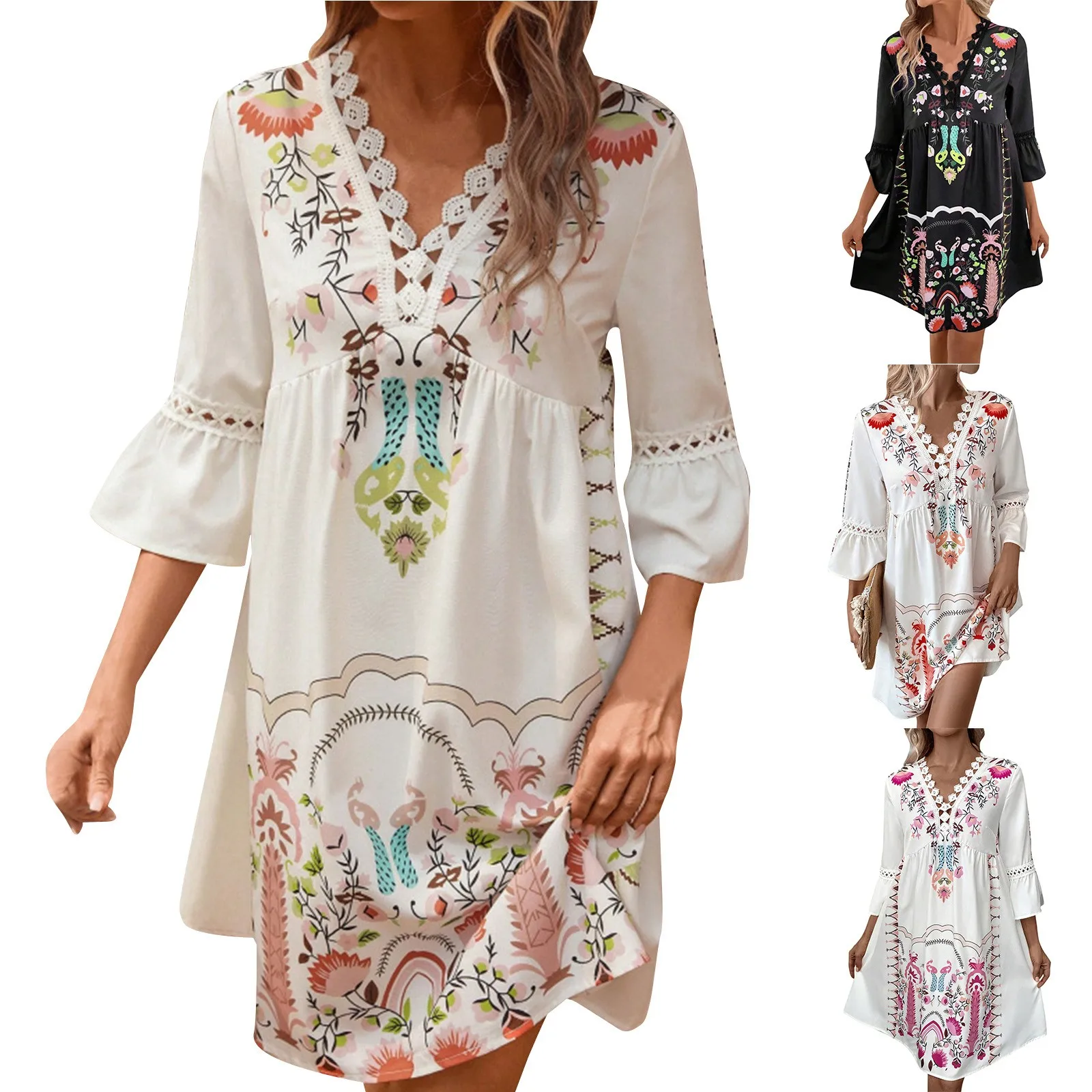 Vestidos Ladies Summer New Dress V-Neck 3/4 Sleeve Lace Stitching Dress 2024 Fashionable Casual All-Match Floral Printed Dress