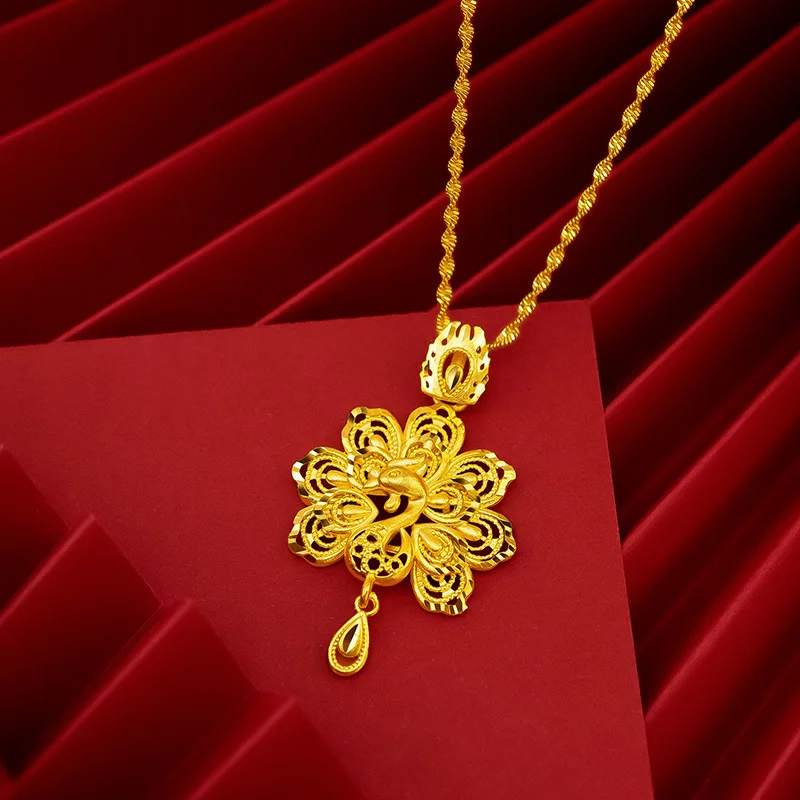 

Luxury 24K 9999 Pure Gold real gold Women's Hollow Peacock Open Screen Drop Pendant Necklace