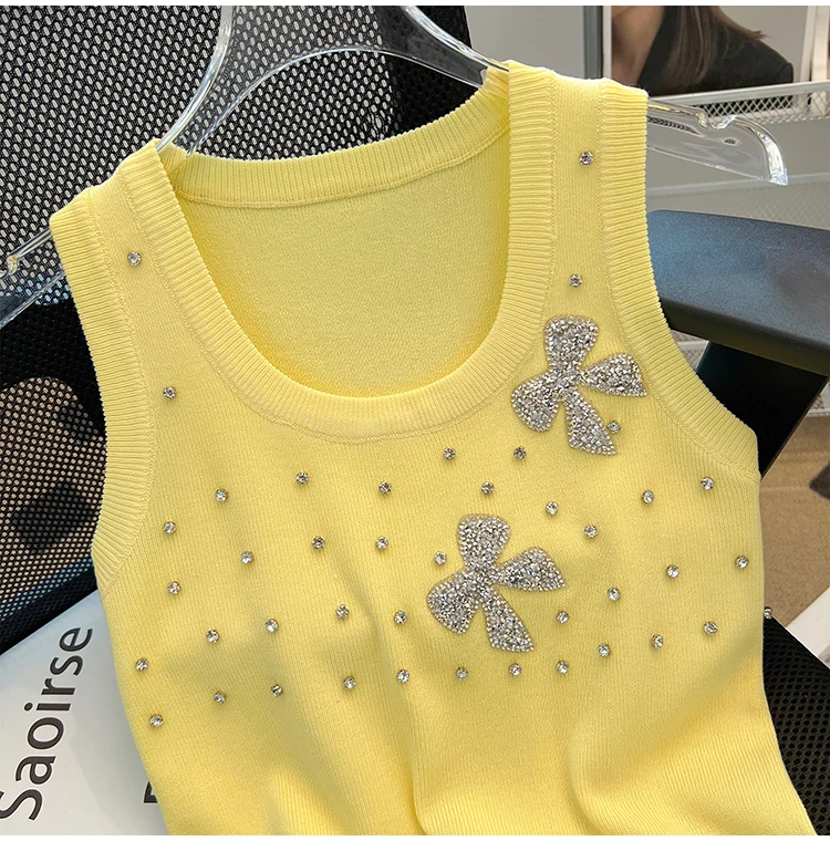 Diamonds Beaded Sweater Vests Women Crop Tops Pullovers 2024 Summer Stylish Fashion Chic Ladies Sleeveless O-neck Jumper Vest