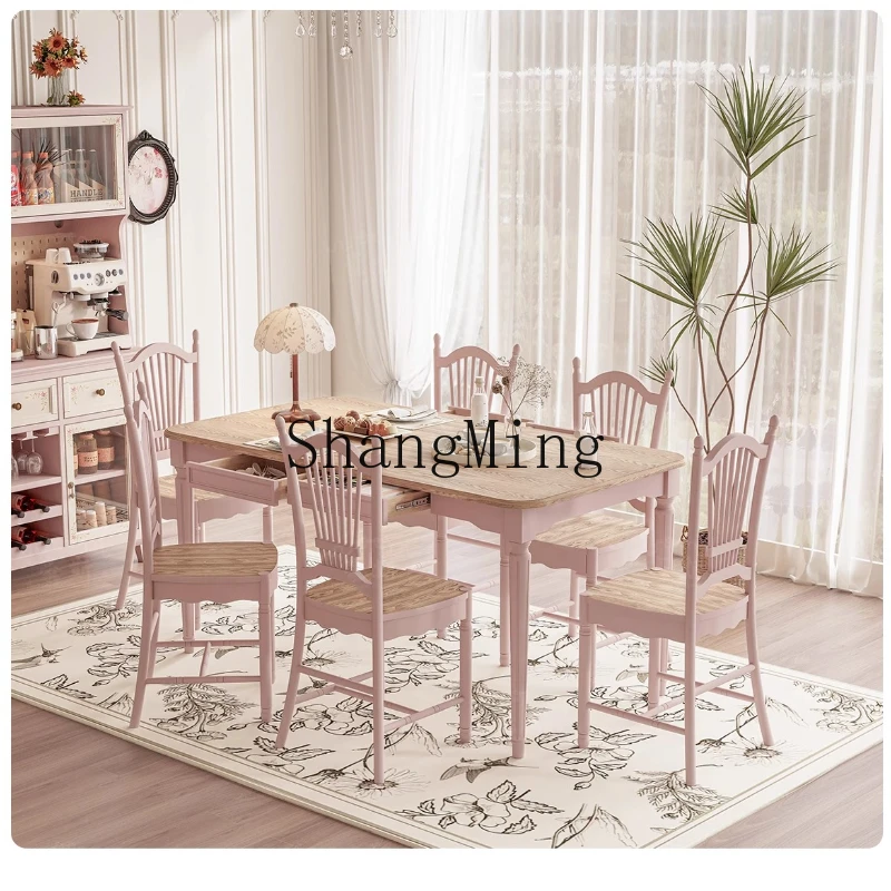 

ZYY retro style pink dining table and chair combination small apartment household solid wood rectangular dining table