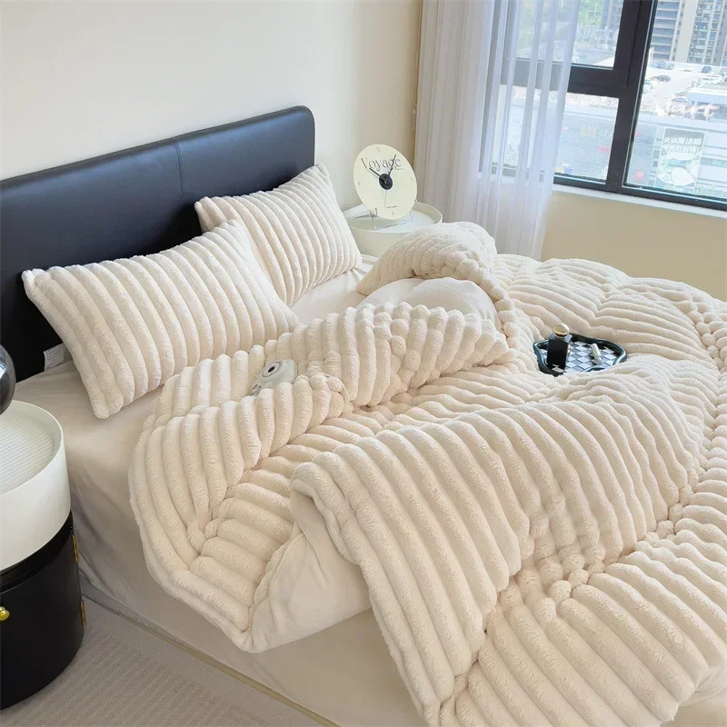 

Winter Thickened Plush Warm Duvet Cover Set Solid Color Luxury High Quality Quilt Cover Sheet Pillowcase 4pcs Queen Bedding Set