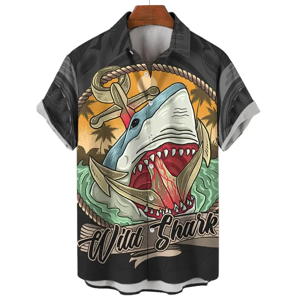 2024 Men's Summer High Quality Hawaiian Shark Shirt T-shirt Fashion Button Men's Shirt Short Sleeve Flip Collar Street Clothing