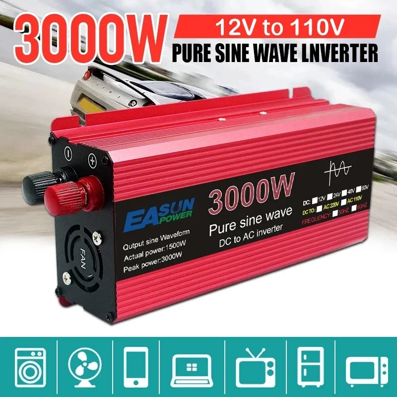 

Pure Sine Wave Inverter 60HZ DC 12V To AC 110V Voltage 1000W 1600W 2200W 3000W Transformer Power Converter Solar Car Inverter