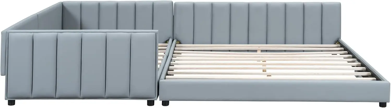 Upholstered Platform Bed, Queen & Twin Xl Size Pu Leather Mother & Child Bed For Bedroom, Wood Slat Support, No Box Spring