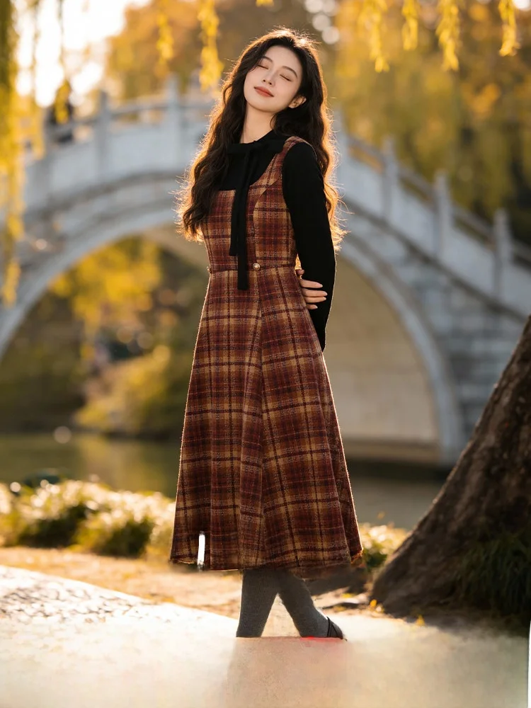 

plus Size Women's Dr Slimming Plaid Long Dr Retro Sle round Ne A-Line Skirt Polyester Fiber Long Sve Winter New ...