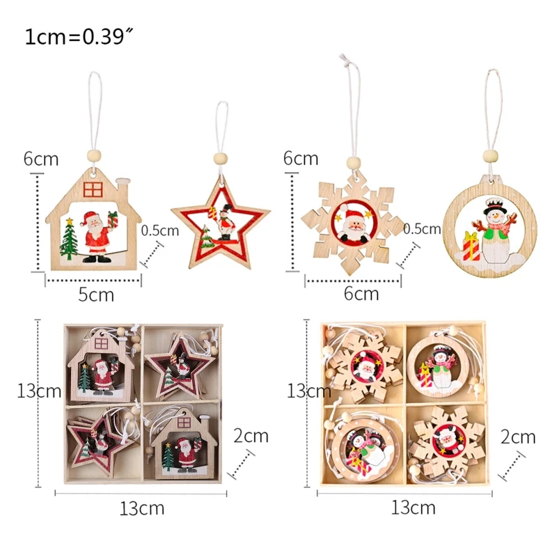 12 ชิ้นชุดเครื่องประดับต้นคริสต์มาสไม้ Santa Snowman Star House Snowflake แขวนจี้ Xmas Home Party ประตูของขวัญกล่อง