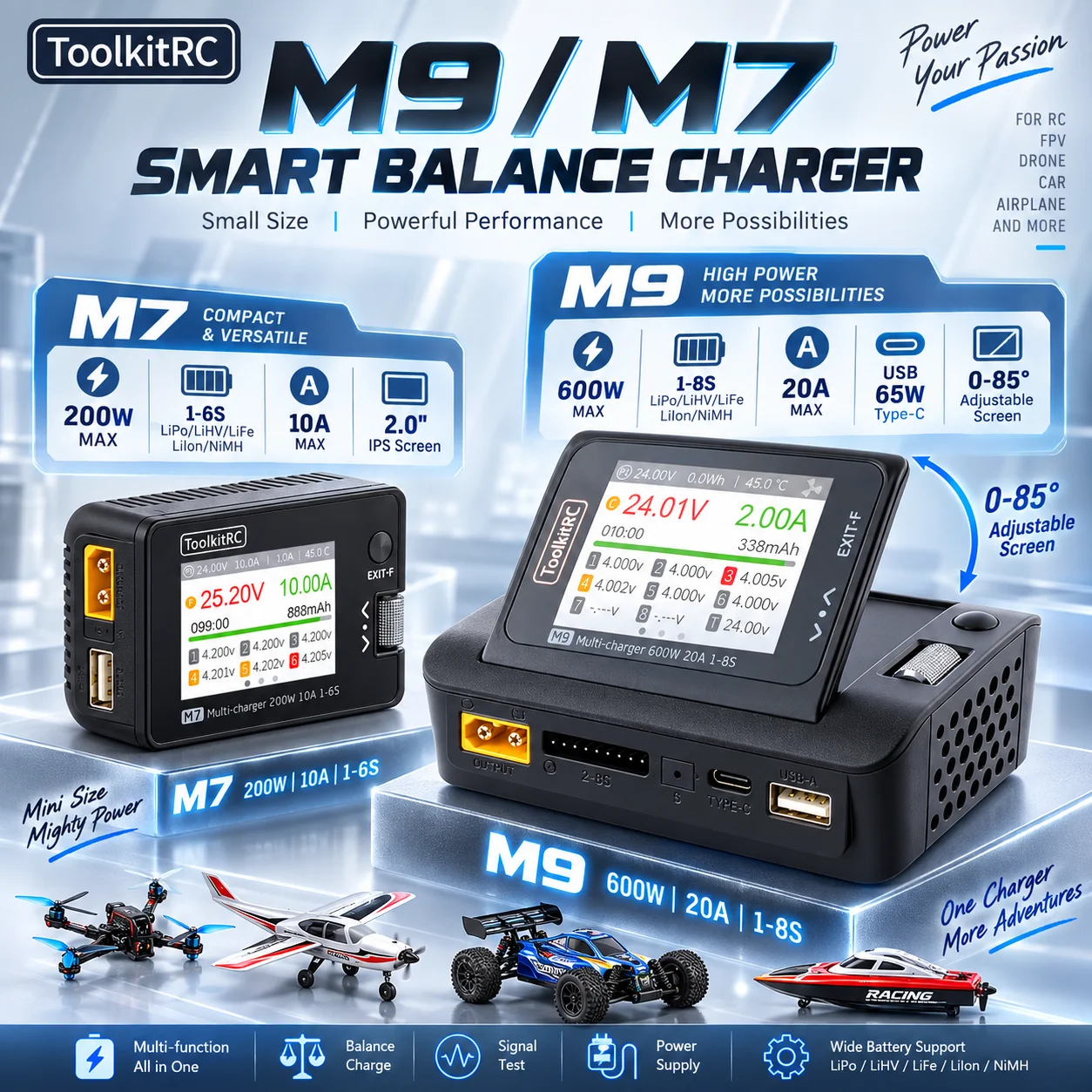 ToolKitRC M7 M9 600W Smart Balance Charger Multi-function for 1-8S Lipo Battery RC FPV Drone Car Airplane Model Fast Charing