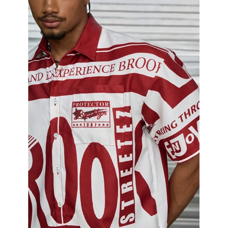 Men's loose short-sleeved printed shirt, suitable for summer wear, 3D full-body letter print, casual men's shirt